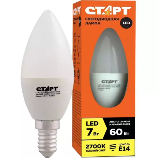 Лампа светодиодная СТАРТ LEDCandle E14 7W теплый
