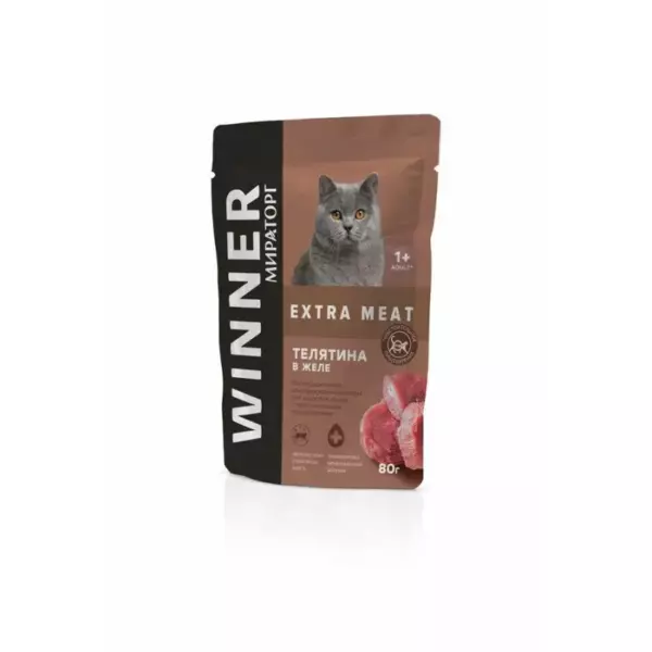 Корм конс.полнорац.WINNER EXTRA MEAT с телятв желе д/взр.кошек с чувст.пищ.Телятина в желе 0,08кг*24