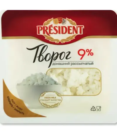 Творог Президент Домашний рассыпч.9% 0,35кг д/пак