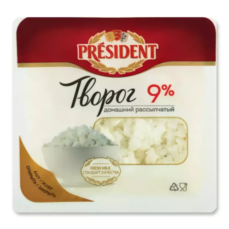Творог Президент Домашний рассыпч.9% 0,35кг д/пак
