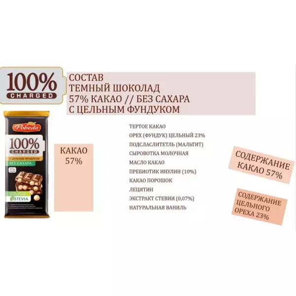 Шоколад Чаржед с цел. фундуком темный б/с 57% 90гр