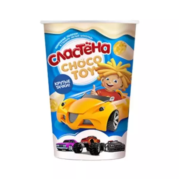 Кукуруз. палочки «Сластёна»Choco toy» в гл.белый шок.»Крутые тачки»100г