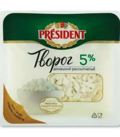 Творог Президент Домашний рассыпч.5% 0,35кг д/пак