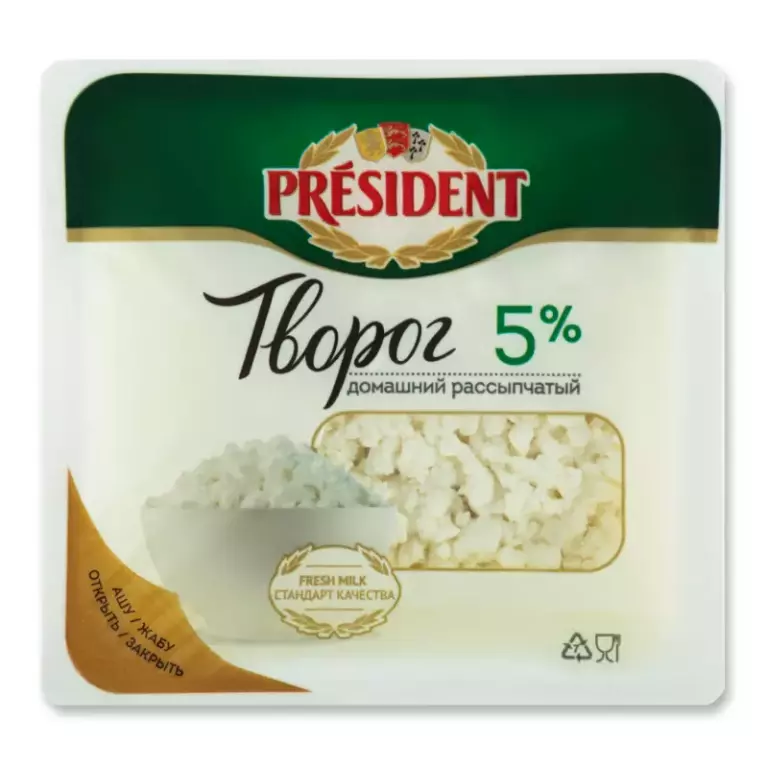 Творог Президент Домашний рассыпч.5% 0,35кг д/пак