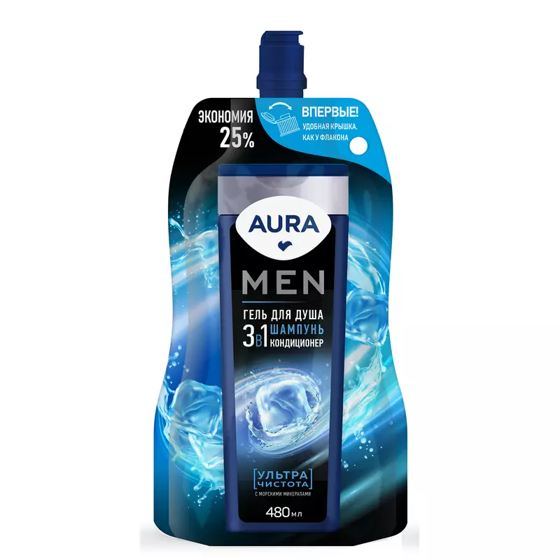 AURA Men Гель для душа 3в1 Ультра Чистота флакон/флиптоп 380мл КК/8 AURA Men Гель для душа 3в1 Ультра Чистота флакон/флиптоп 380мл КК/8
