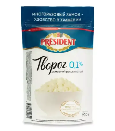 Творог Президент Домашний рассыпч.0% 0,45кг ванна