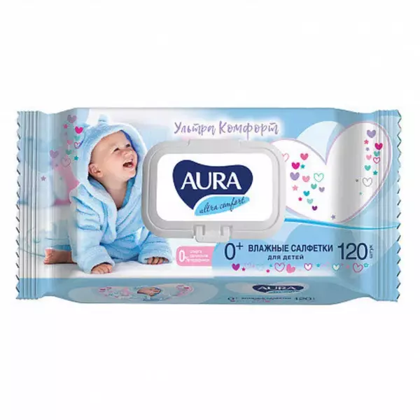 AURA ULTRA COMFORT Влажные салфетки для детей с экстрактом алоэ и витамином Е с крышкой 100шт КК/12